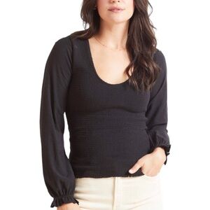 Evereve Nation Bunny Smocked Tee Shirt Black Size XL Long Sleeve Scoop Neckline